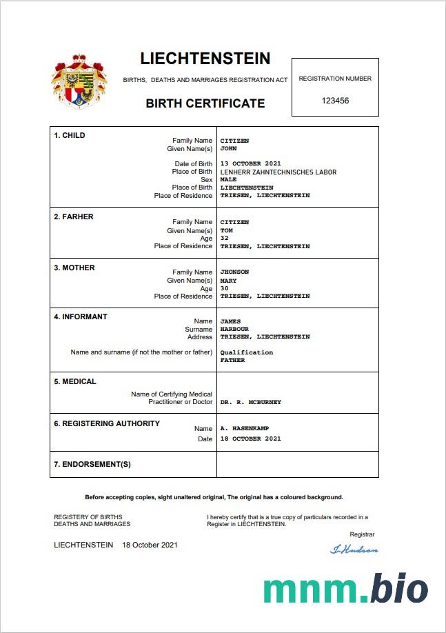 Liechtenstein rekord życiowy narodziny certyfikat Word i PDF szablon